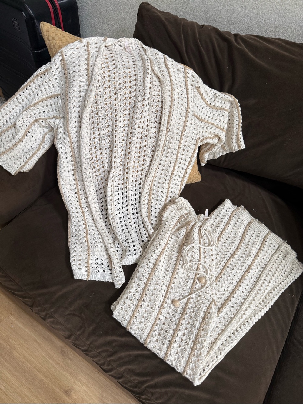 Cream Crochet Swim Coverup Set - Women's Short Sleeve Top & Drawstring Skirt